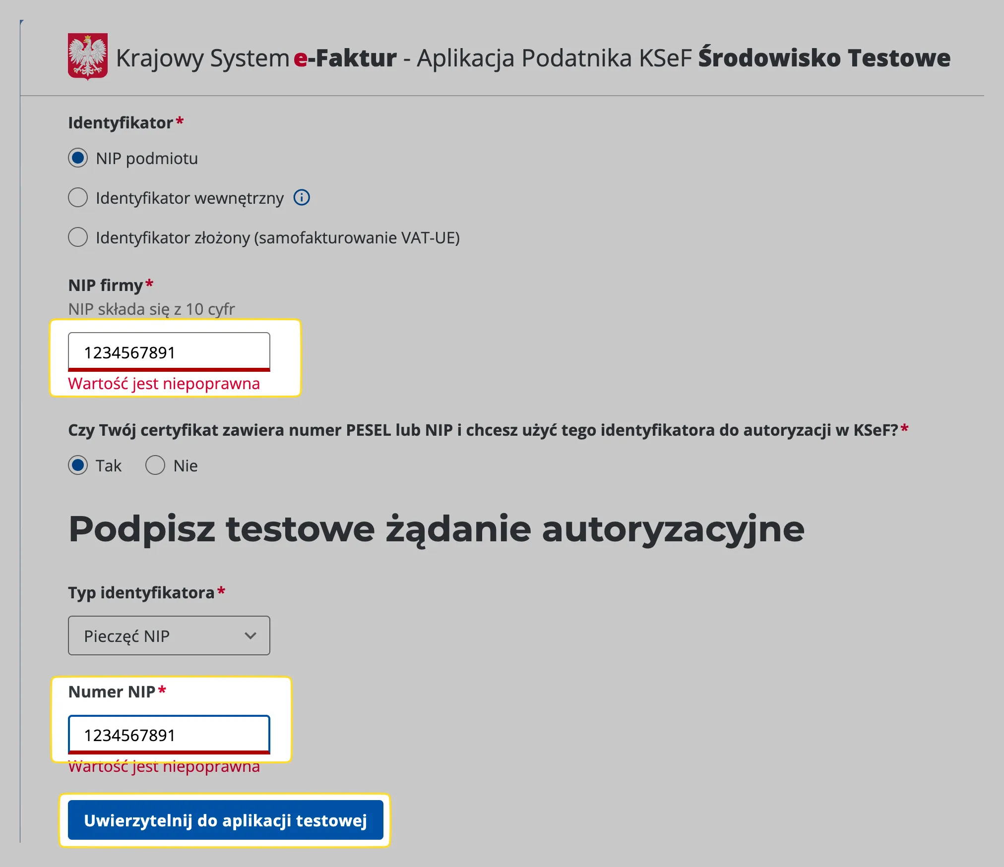 Formularz generowania testowego certyfikatu KSeF z polami Generuj certyfikat i NIP firmy