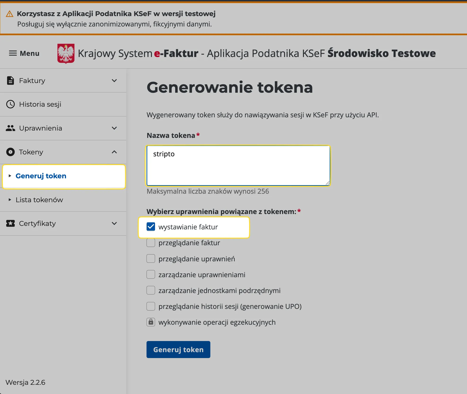 Zakładka Tokeny w testowym KSeF z formularzem generowania nowego tokenu