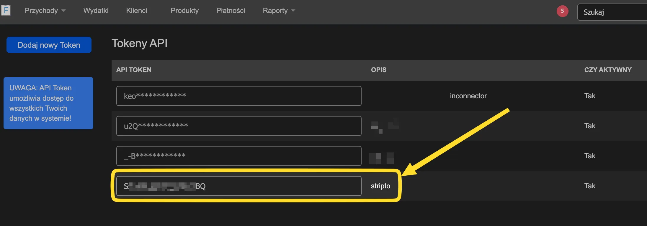 Lista tokenów API w Fakturowni – skopiuj token z opisem Stripto
