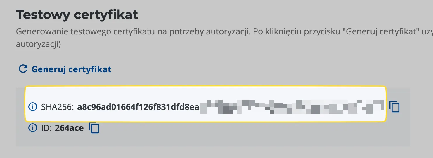 Wygenerowany testowy certyfikat KSeF z kodem SHA256 do skopiowania