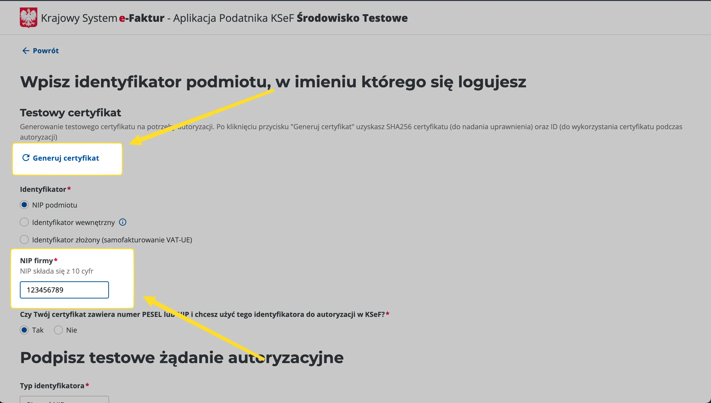 Formularz generowania testowego certyfikatu KSeF z polami Generuj certyfikat i NIP firmy