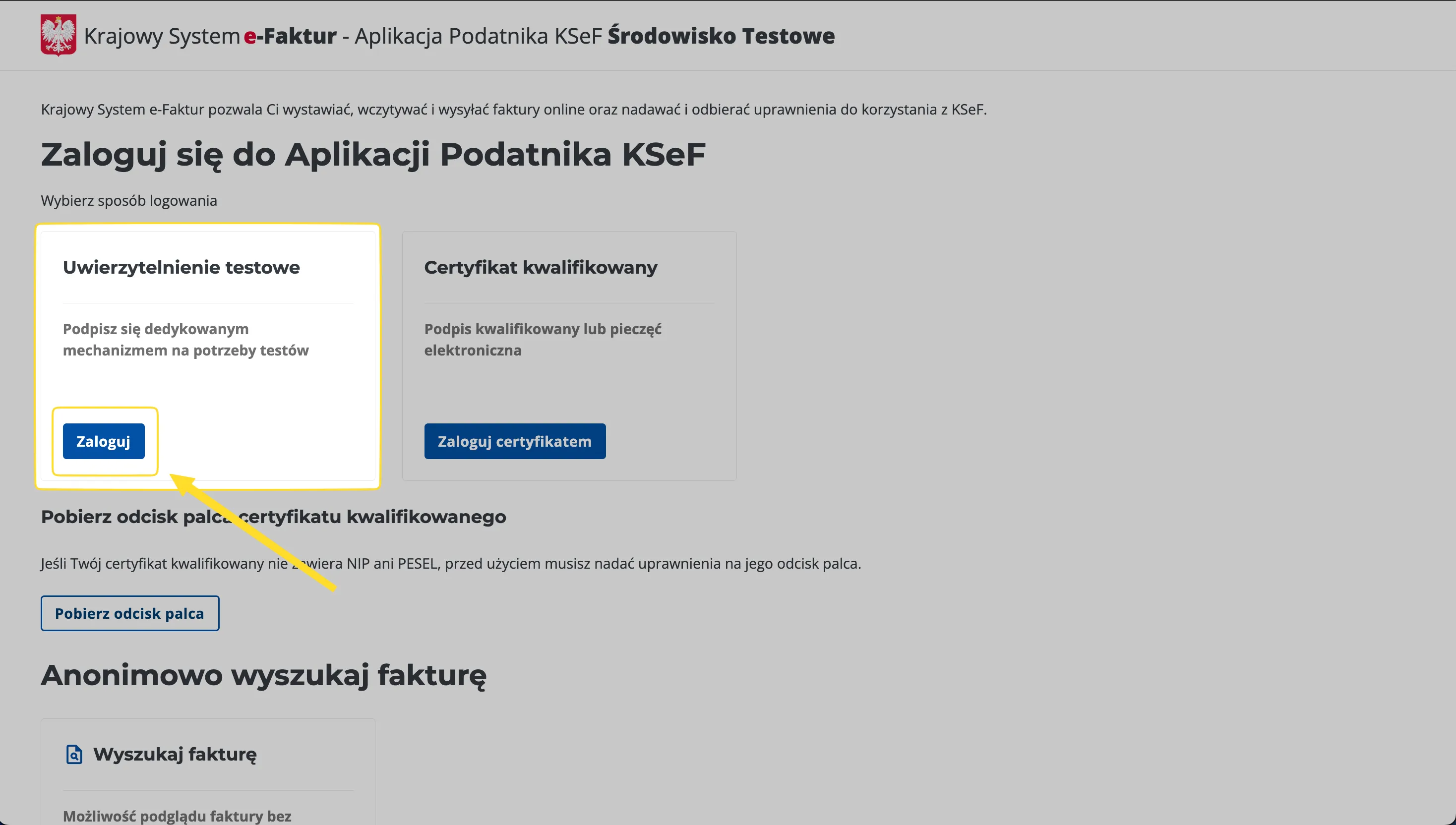 Strona logowania do testowego KSeF z zaznaczoną opcją Uwierzytelnienie testowe