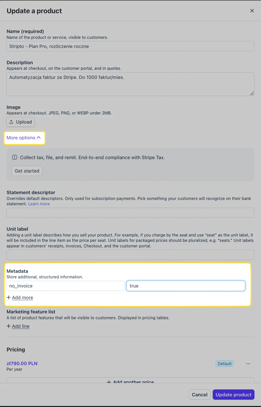Formularz produktu w Stripe z metadanymi: klucz no_invoice, wartość true
