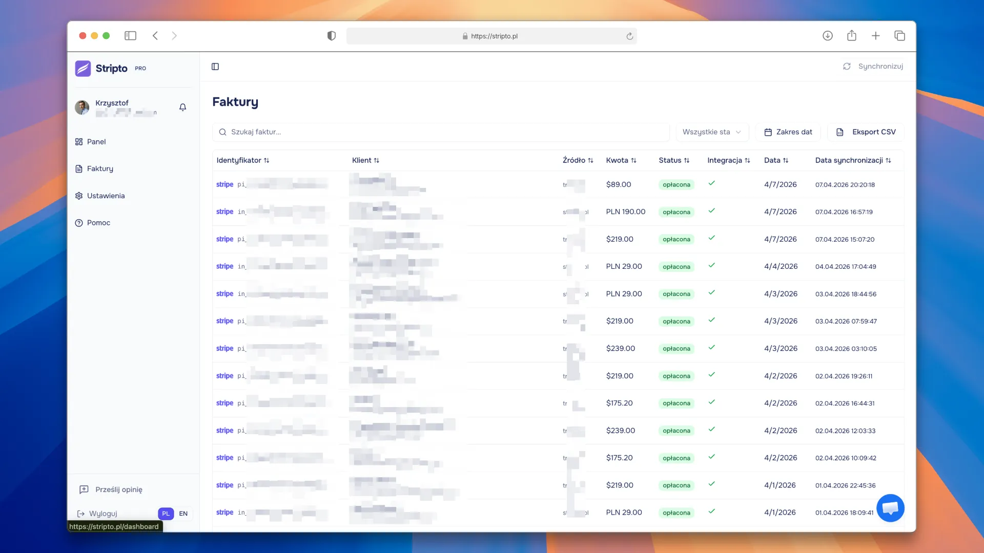 Panel Stripto: lista faktur ze Stripe zsynchronizowanych z Fakturownią, inFakt i wFirma, z numerami KSeF i statusem płatności