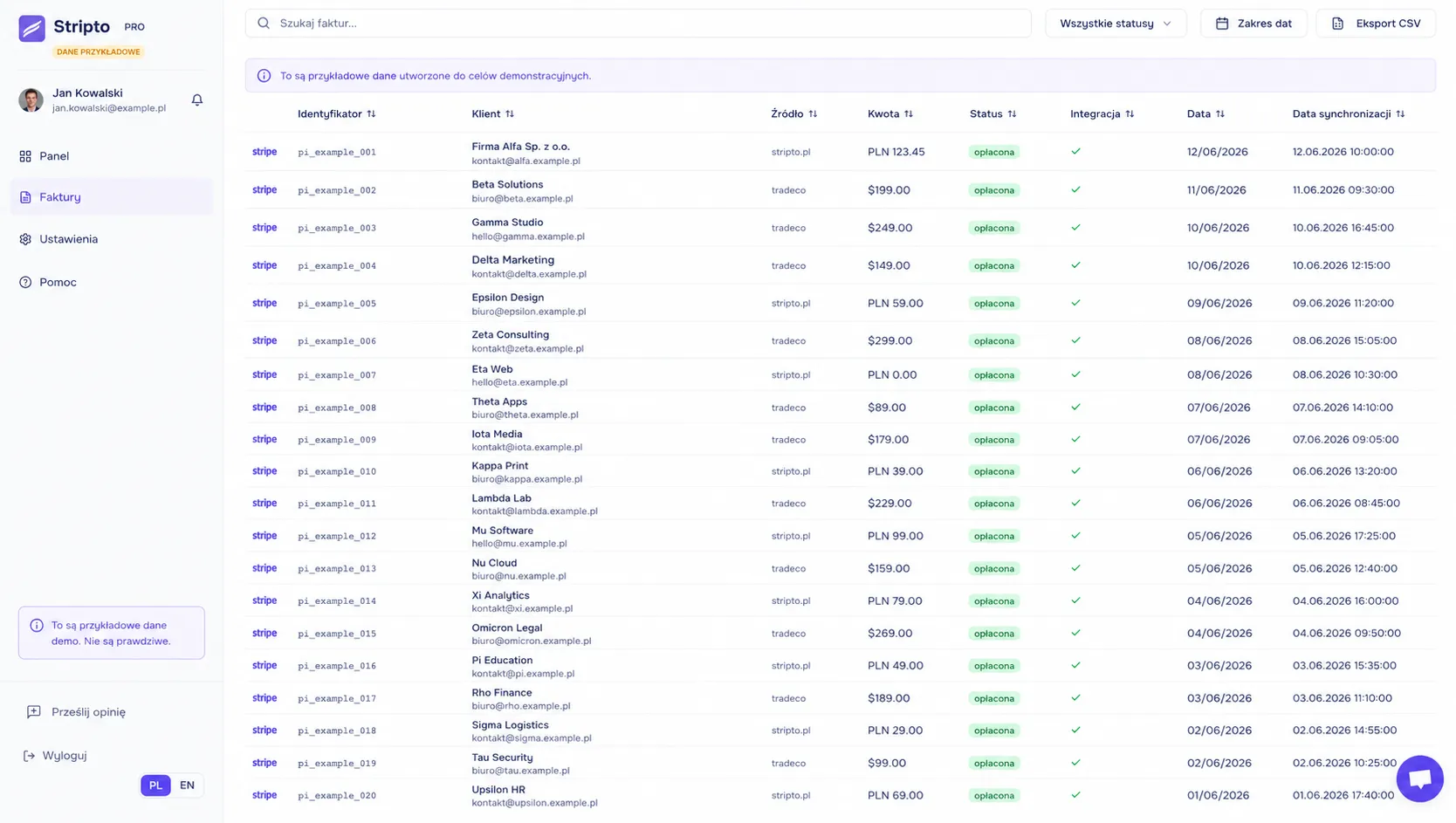 Panel Stripto: lista faktur wystawionych automatycznie z płatności Stripe