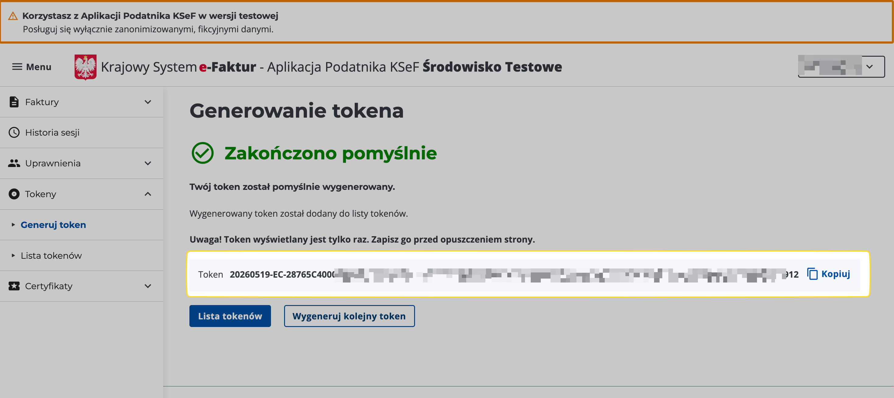 Wygenerowany token testowy KSeF do skopiowania